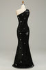Load image into Gallery viewer, Sparkly Sequins Black One Shoulder Long Prom Dress with Stars