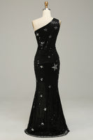 Load image into Gallery viewer, Sparkly Sheath One Shoulder Black Sequins Long Prom Dress with Star