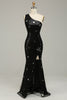 Load image into Gallery viewer, Sparkly Sequins Black One Shoulder Long Prom Dress with Stars