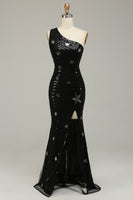 Load image into Gallery viewer, Sparkly Sheath One Shoulder Black Sequins Long Prom Dress with Star