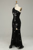 Load image into Gallery viewer, Sparkly Sequins Black One Shoulder Long Prom Dress with Stars