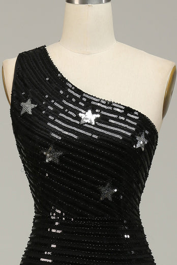 Sparkly Sequins Black One Shoulder Long Prom Dress with Stars