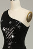 Load image into Gallery viewer, Sparkly Sequins Black One Shoulder Long Prom Dress with Stars