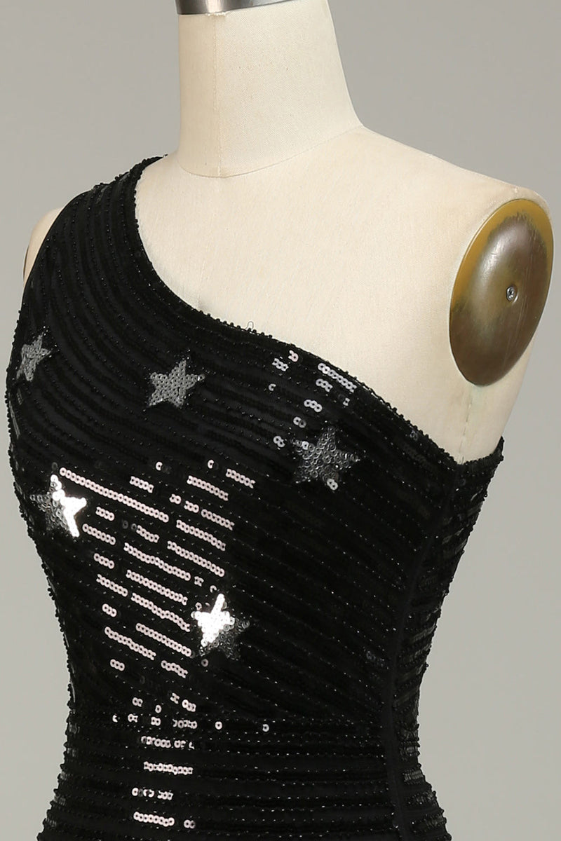 Load image into Gallery viewer, Sparkly Sequins Black One Shoulder Long Prom Dress with Stars