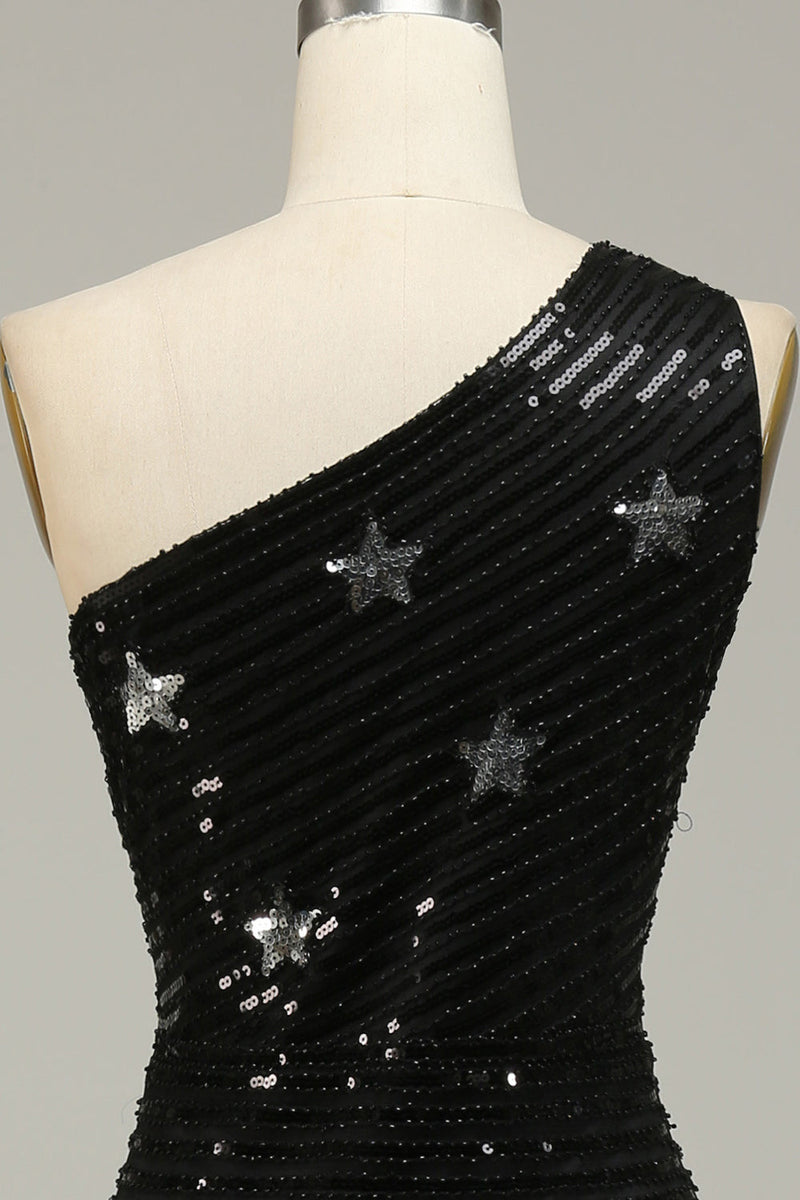 Load image into Gallery viewer, Sparkly Sequins Black One Shoulder Long Prom Dress with Stars