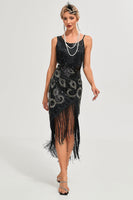 Load image into Gallery viewer, Women Black Gatsby Fringed Flapper Dress Spaghetti Straps 1920s Dress