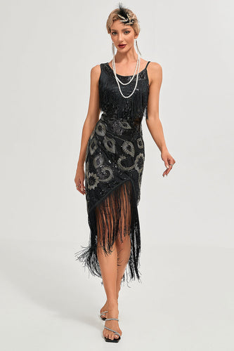 Women Black Gatsby Fringed Flapper Dress Spaghetti Straps 1920s Dress