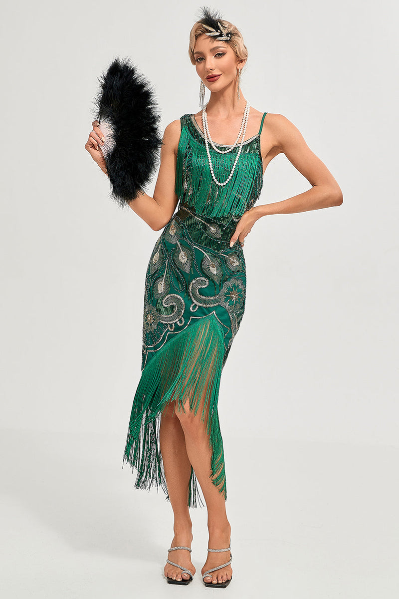 Load image into Gallery viewer, Black Spaghetti Straps Gatsby Fringed Flapper Dress