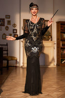 Load image into Gallery viewer, Women Black 1920s Flapper Dress Sequins V Neck Long Sleeves Vintage Dress With Fringes