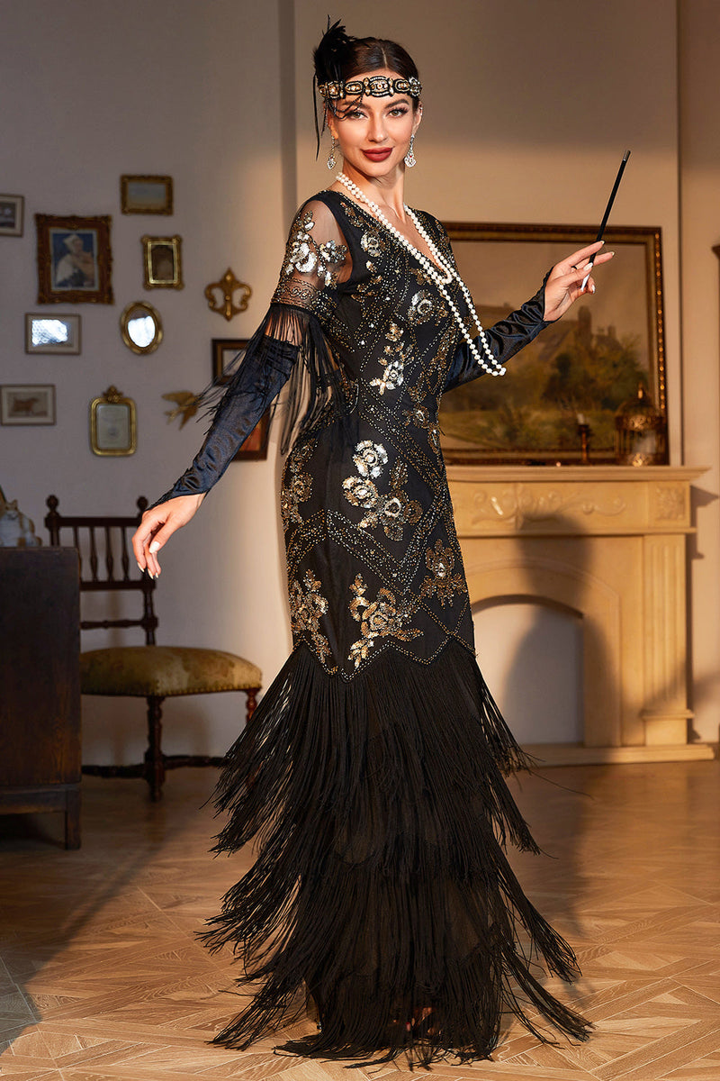 Load image into Gallery viewer, Sheath V Neck Black Sequins Long 1920s Flapper Dress with Fringes