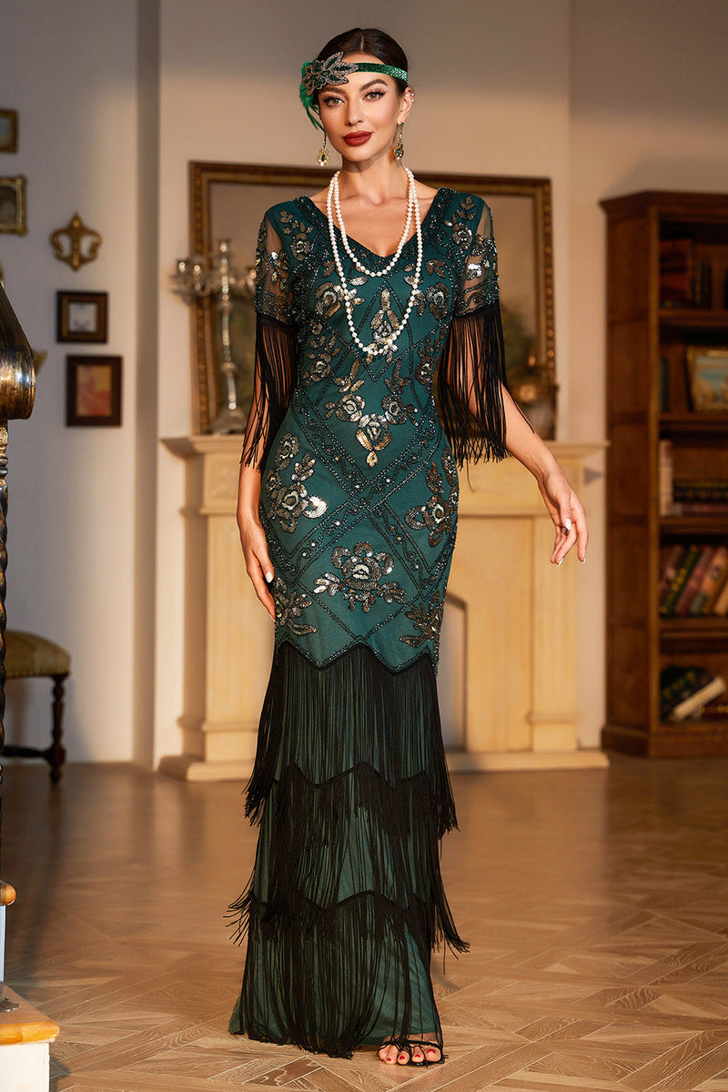 Load image into Gallery viewer, Sheath V Neck Black Sequins Long 1920s Flapper Dress with Fringes