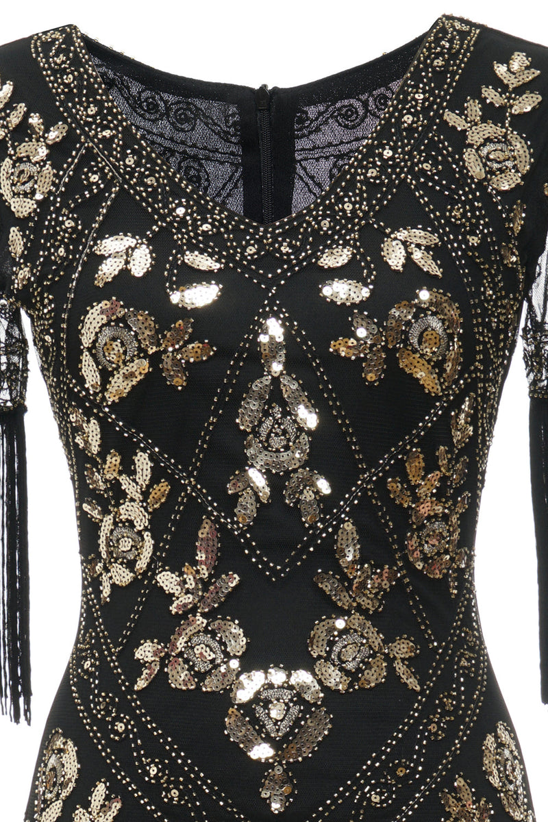Load image into Gallery viewer, V Neck Black Long 1920s Flapper Dress with Sequins and Fringes