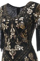 Load image into Gallery viewer, V Neck Black Long 1920s Flapper Dress with Sequins and Fringes