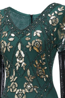 Load image into Gallery viewer, V Neck Black Long 1920s Flapper Dress with Sequins and Fringes
