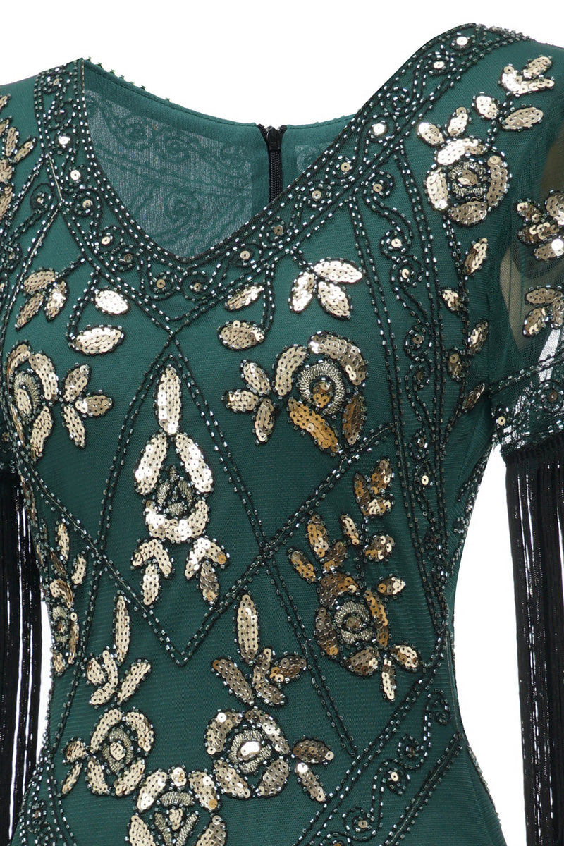 Load image into Gallery viewer, V Neck Black Long 1920s Flapper Dress with Sequins and Fringes