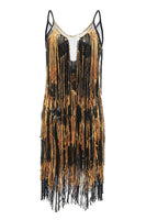 Load image into Gallery viewer, Women Gatsby Dress Spaghetti Straps Black Golden Fringes 1920s Dress with Sequins