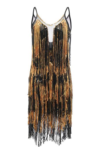 Women Gatsby Dress Spaghetti Straps Black Golden Fringes 1920s Dress with Sequins