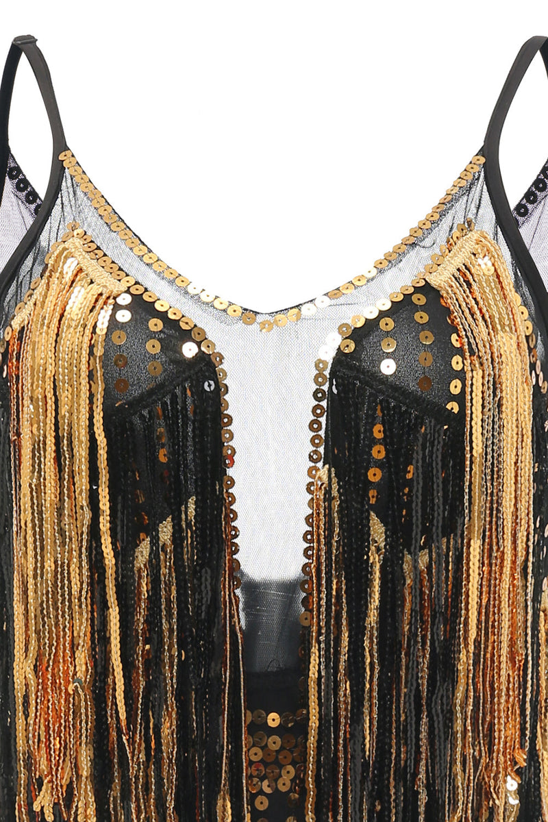 Load image into Gallery viewer, Black Golden Fringes 1920s Dress with Sequins