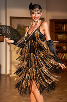 Load image into Gallery viewer, Women Gatsby Dress Spaghetti Straps Black Golden Fringes 1920s Dress with Sequins