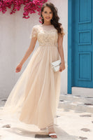 Load image into Gallery viewer, A Line Tulle Apricot Sequins Prom Dress with Appliques