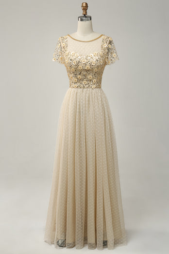 A-Line Apricot Long Prom Dress with Beading