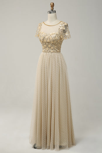A-Line Apricot Long Prom Dress with Beading