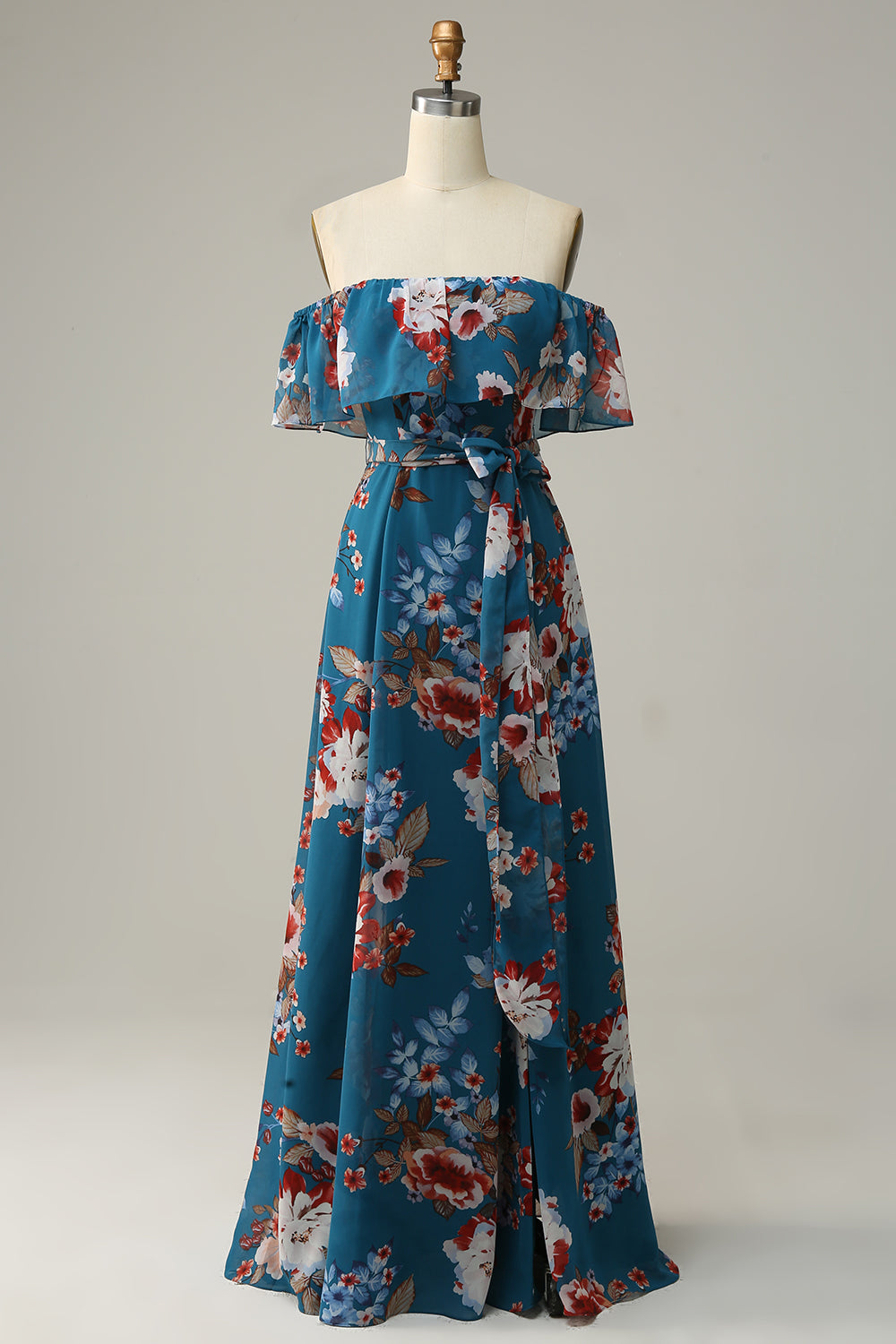 Dark Blue A Line Off The Shoulder Floor Length Print Chiffon Bridesmaid Dress