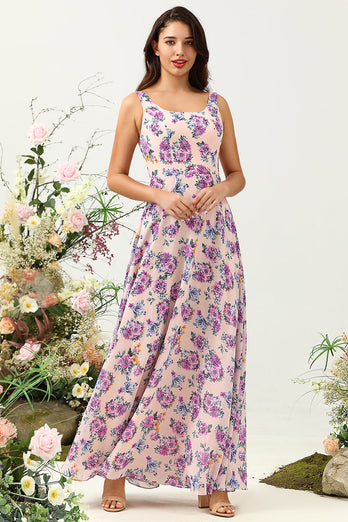 Blush Purple Flower Boho Chiffon Bridesmaid Dress