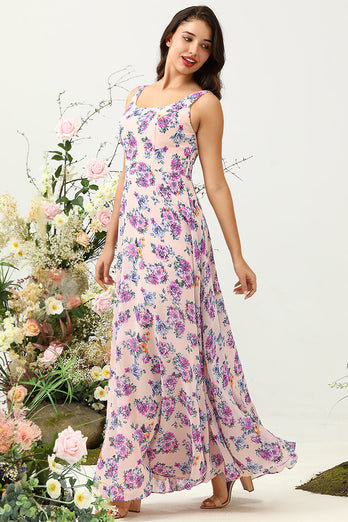 Blush Purple Flower Boho Chiffon Bridesmaid Dress