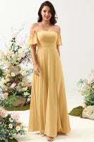 Load image into Gallery viewer, A Line Off the Shoulder Yellow Flower Printed Plus Size Bridesmaid Dress