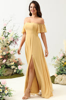 Load image into Gallery viewer, A Line Off the Shoulder Yellow Long Bridesmaid Dress