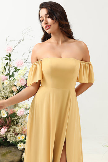 A Line Off the Shoulder Yellow Long Bridesmaid Dress