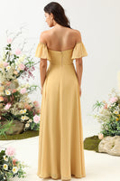 Load image into Gallery viewer, A Line Off the Shoulder Yellow Flower Printed Plus Size Bridesmaid Dress