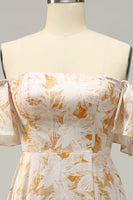 Load image into Gallery viewer, A Line Off the Shoulder Yellow Flower Printed Plus Size Bridesmaid Dress