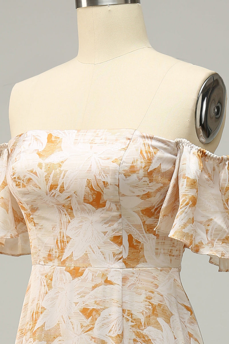 Load image into Gallery viewer, A Line Off the Shoulder Yellow Flower Printed Plus Size Bridesmaid Dress