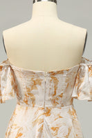 Load image into Gallery viewer, A Line Off the Shoulder Yellow Flower Printed Plus Size Bridesmaid Dress