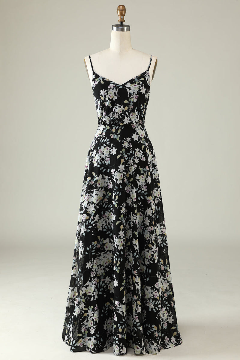 Load image into Gallery viewer, Black White Flower Boho Chiffon Bridesmaid Dress