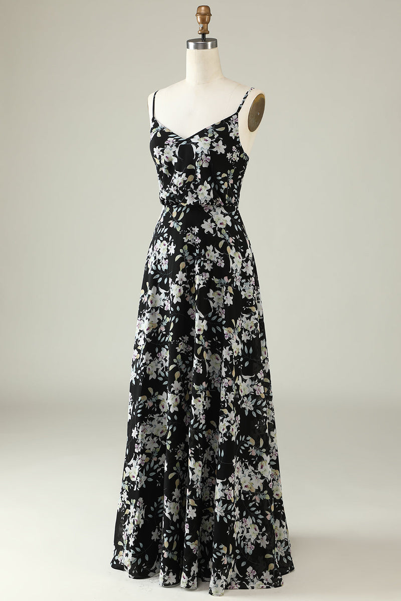 Load image into Gallery viewer, Black White Flower Boho Chiffon Bridesmaid Dress