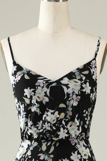 Black White Flower Boho Chiffon Bridesmaid Dress
