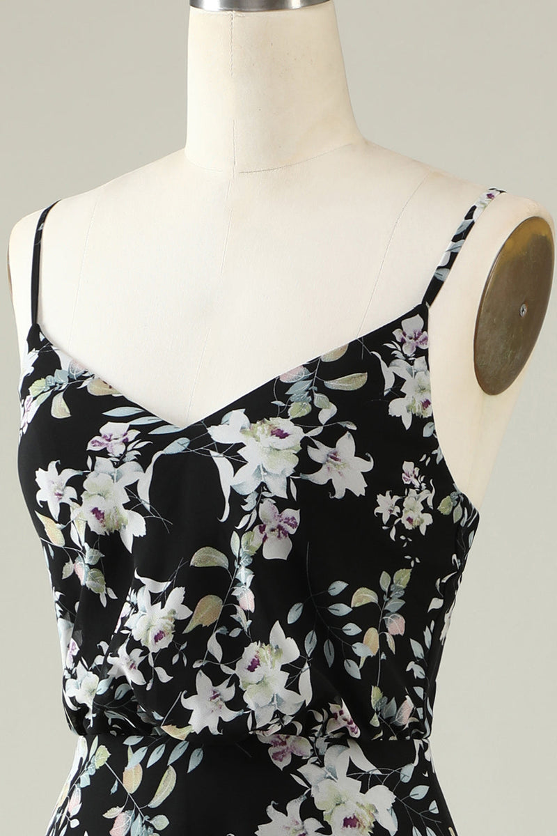 Load image into Gallery viewer, Black White Flower Boho Chiffon Bridesmaid Dress