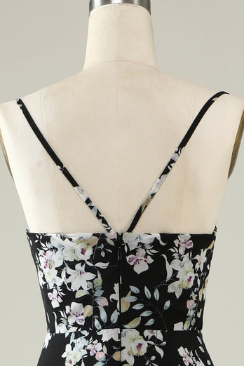 Black White Flower Boho Chiffon Bridesmaid Dress