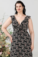 Load image into Gallery viewer, A Line V Neck Black Plus Size Bridesmaid Dress with Ruffles