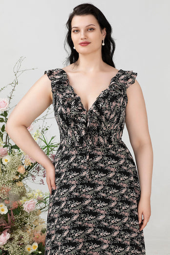 A Line V Neck Black Plus Size Bridesmaid Dress with Ruffles