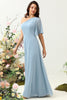 Load image into Gallery viewer, Grey Blue One Shoulder Chiffon Boho Bridesmaid Dress