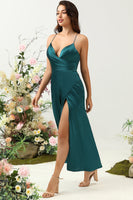 Load image into Gallery viewer, A Line Spaghetti Straps Dark Green Plus Size Bridesmaid Dress with Backless