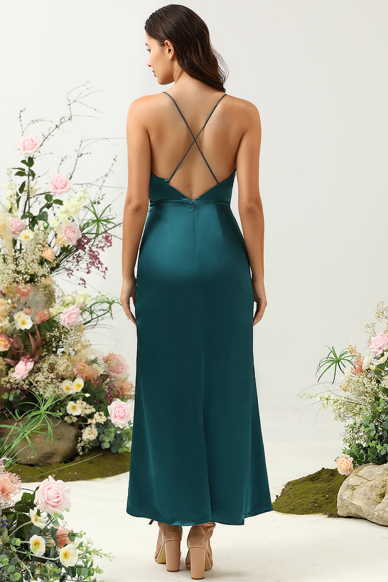 Load image into Gallery viewer, A Line Spaghetti Straps Dark Green Plus Size Bridesmaid Dress with Backless