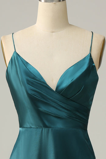 A Line Spaghetti Straps Dark Green Plus Size Bridesmaid Dress with Backless