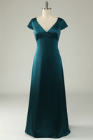 Load image into Gallery viewer, Satin V-Neck Dark Green Long Prom Dress