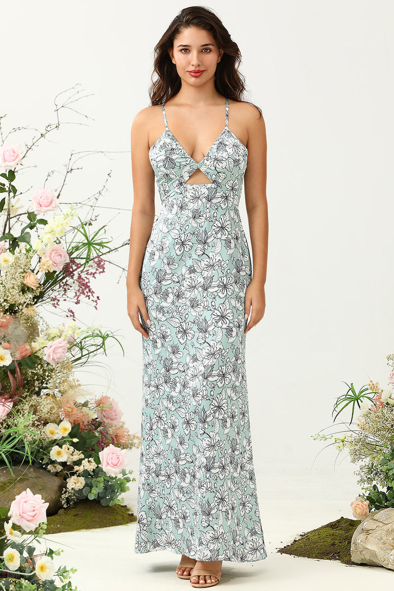 Load image into Gallery viewer, Grey Green Mermaid Floral Bridesmaid Dress