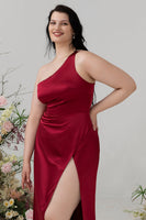 Load image into Gallery viewer, Burgundy Plus Size One Shoulder Long Bridesmaid Dress